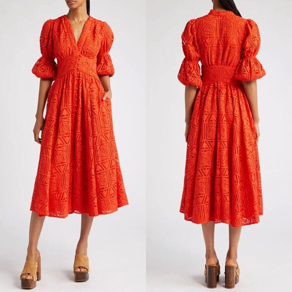 cult gaia Dresses & Skirts - Cult Gaia Willow Guipure Lace Midi Dress Women’s Size Medium Red Puff Sleeve